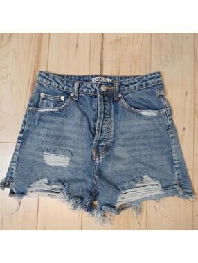 Vintage Distressed Cutoff Denim Shorts High Rise Raw Hem Y2K Grunge Size S